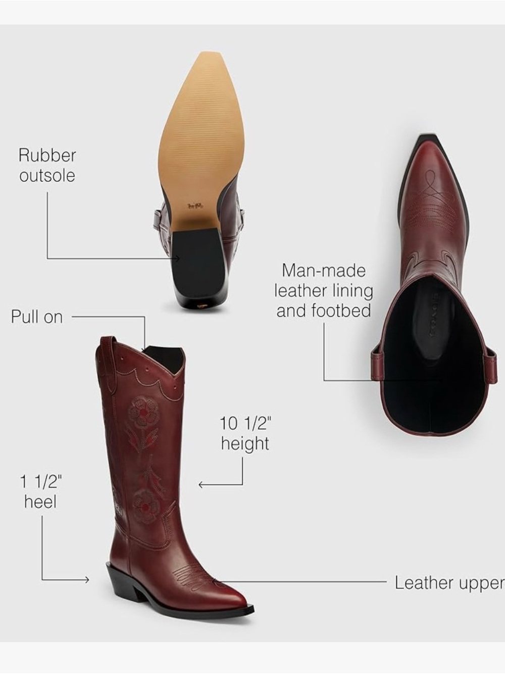 Coach Women's Aria Loved Leather Tall Cowboy Boot color Merlot size 9 - Picture 3 of 14